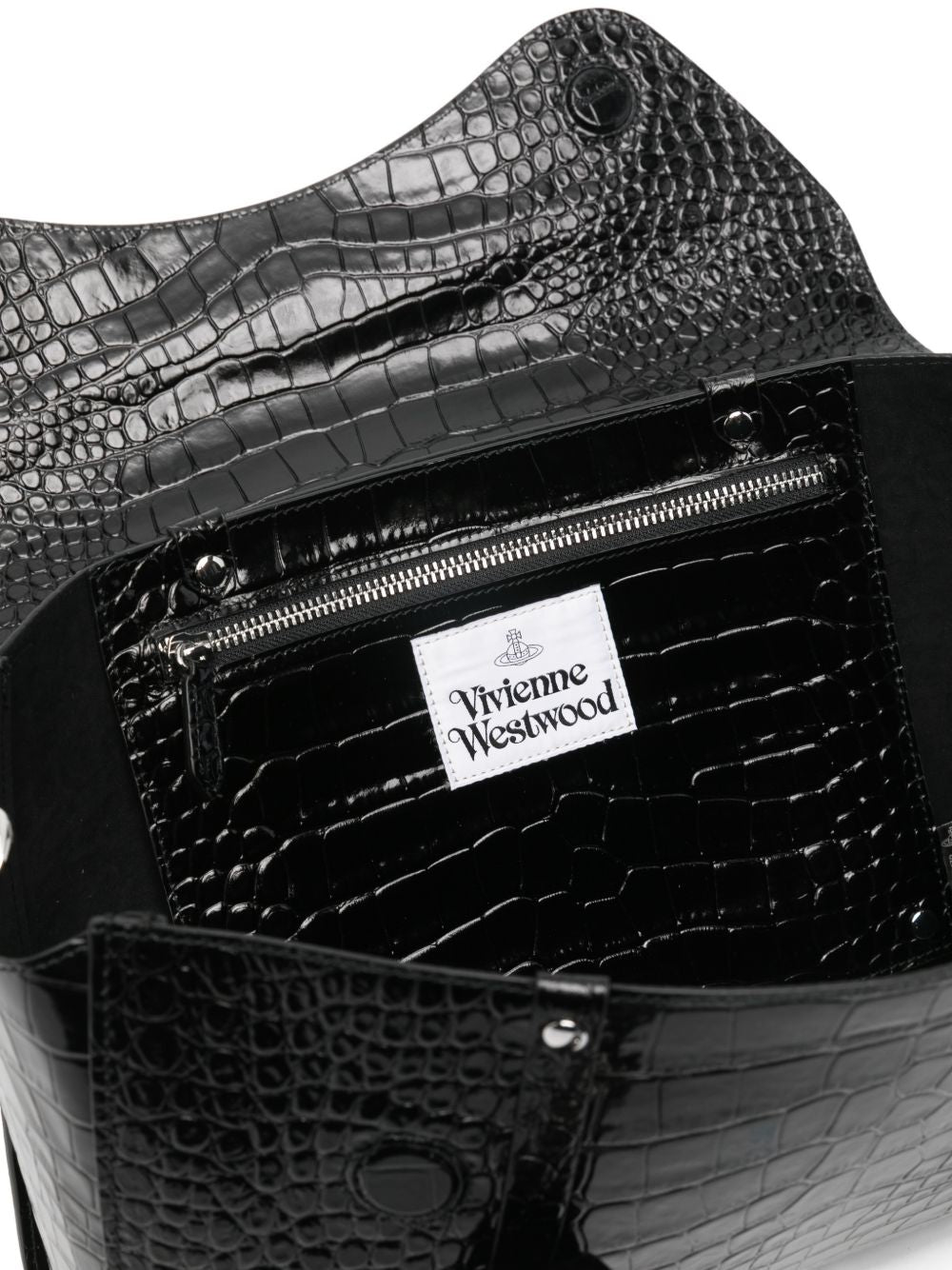 Crocodile-Embossed Black Shoulder Bag With Metallic Emblem