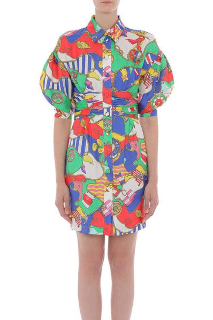 Nautical-Themed Silk Dress With Puffed Sleeves
