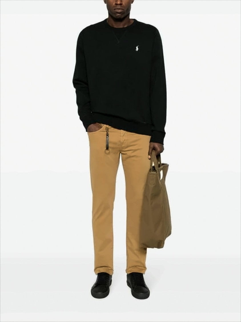 Black Crewneck Sweater with Embroidered Logo and Ribbed Hem