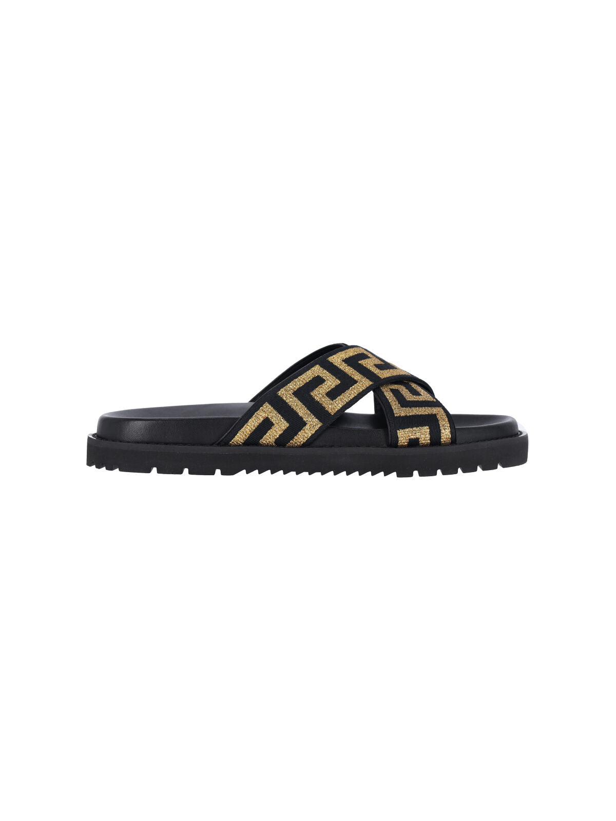 Cross-strap Slip-On Sandals with Gold Greca Motif