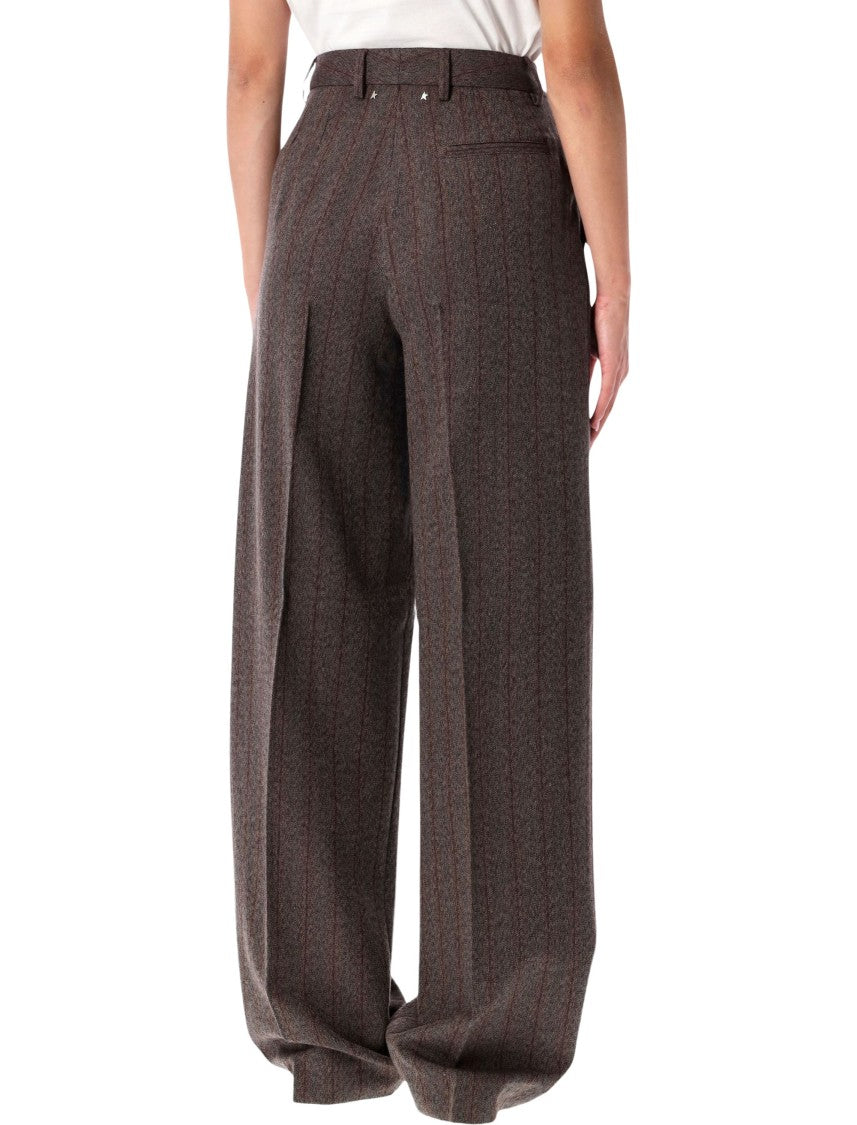 Brown Pinstripe Wool Wide-Leg Trousers