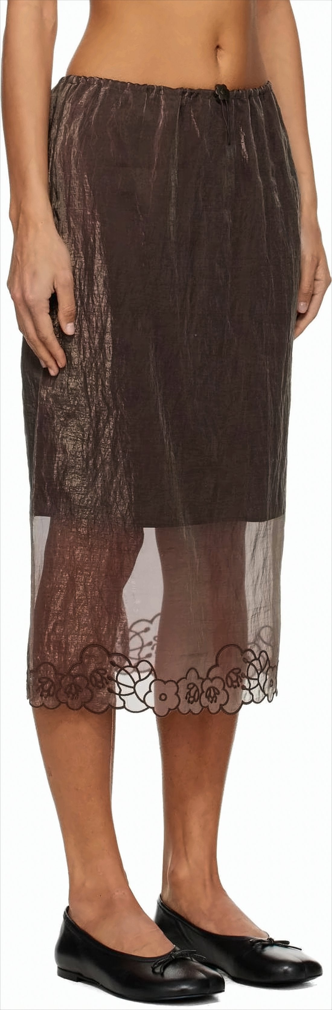 Textured Semi-Sheer Midi Skirt with Embroidered Hem