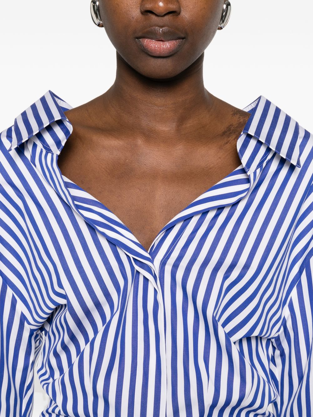 Vertical Blue and White Stripe Off-Shoulder Shirt