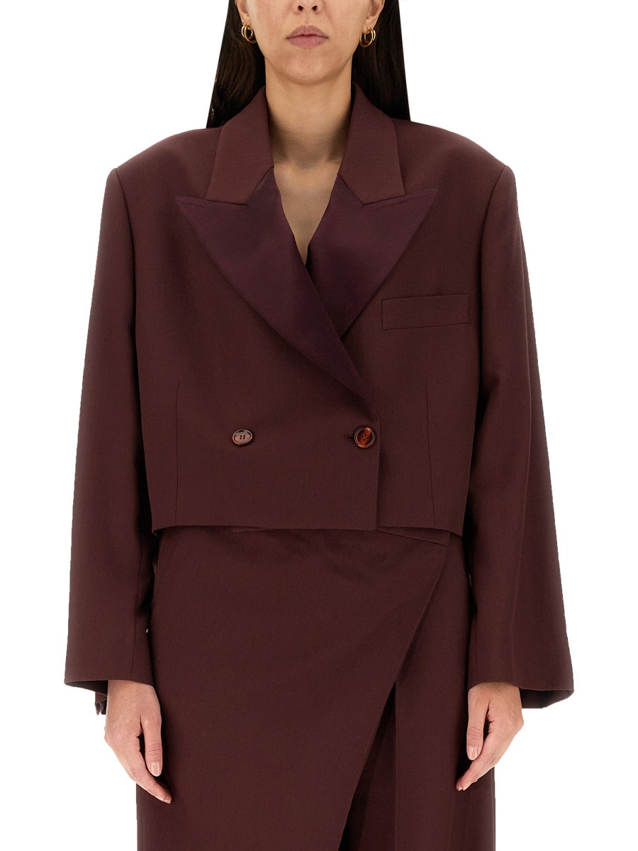 Cropped Brown Wool Blend Jacket With Peaked Lapels