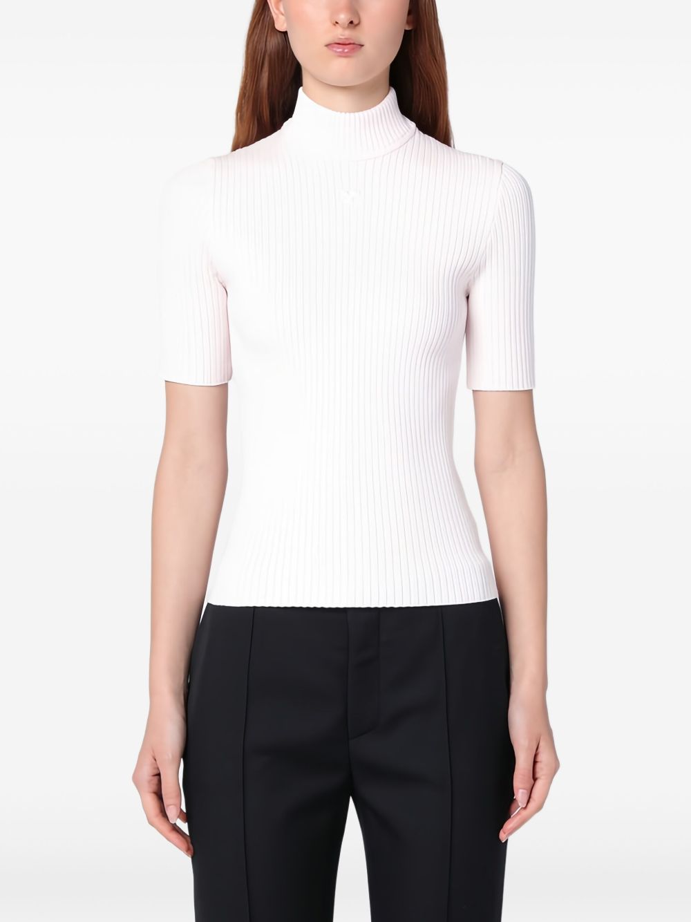 Ribbed Silk-Nylon Top With Mock Neck