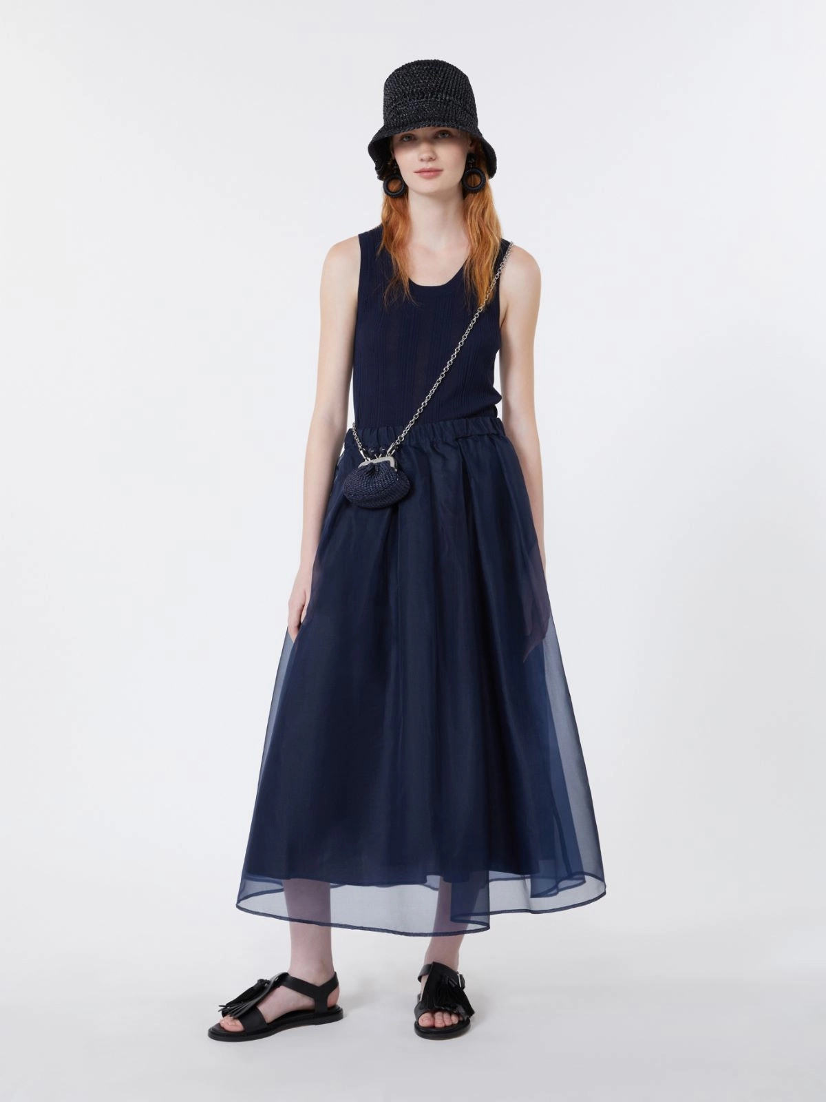 Midi Skirt with Sheer Overlay and Elastic Waistband