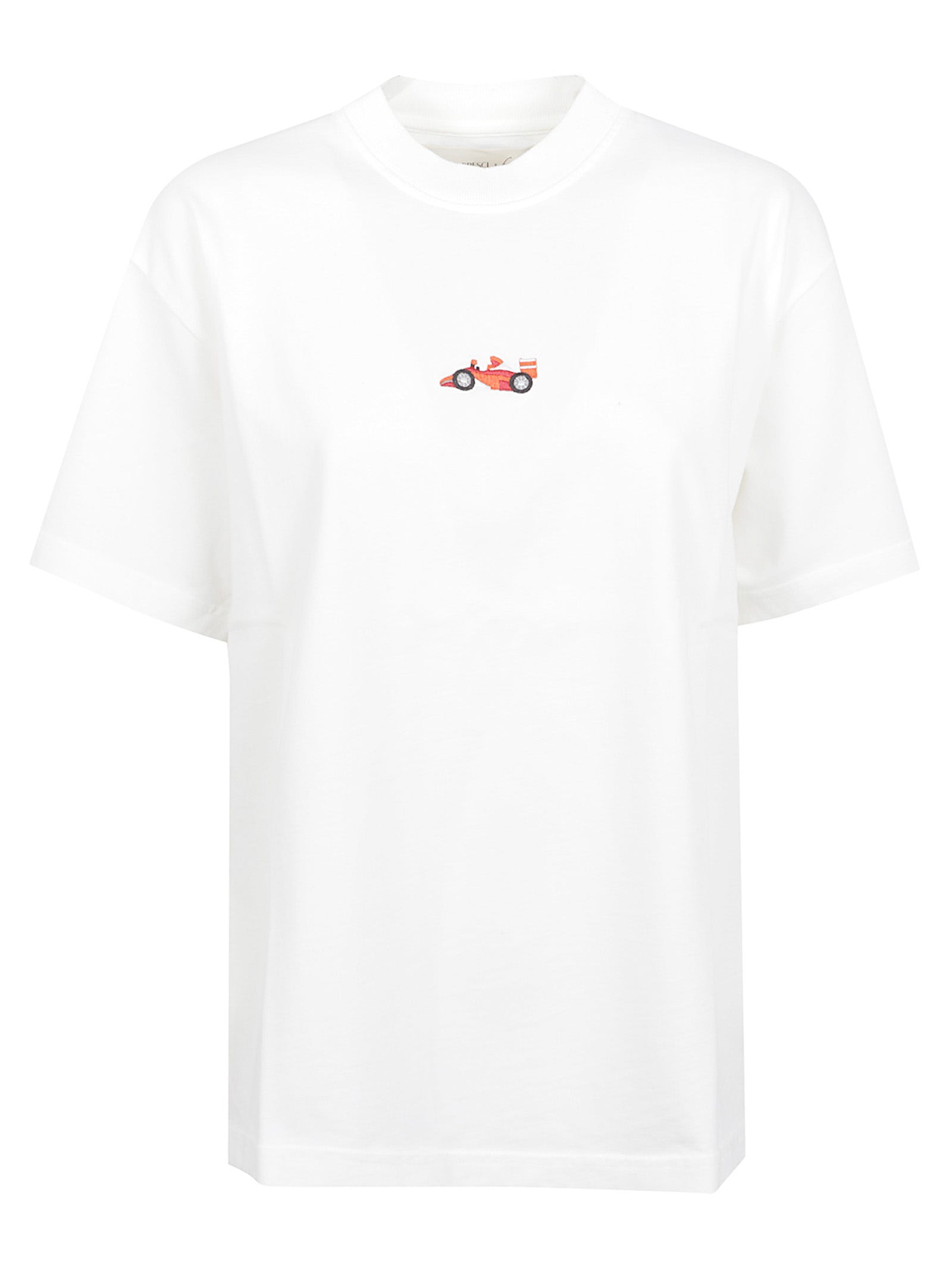 Relaxed Fit White T-Shirt with Embroidered Red Race Car
