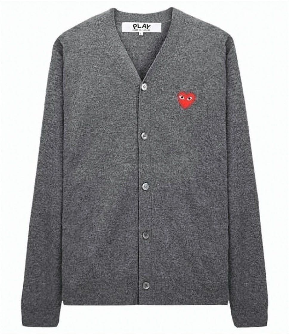 Heathered Grey V-Neck Cardigan with Iconic Heart Emblem