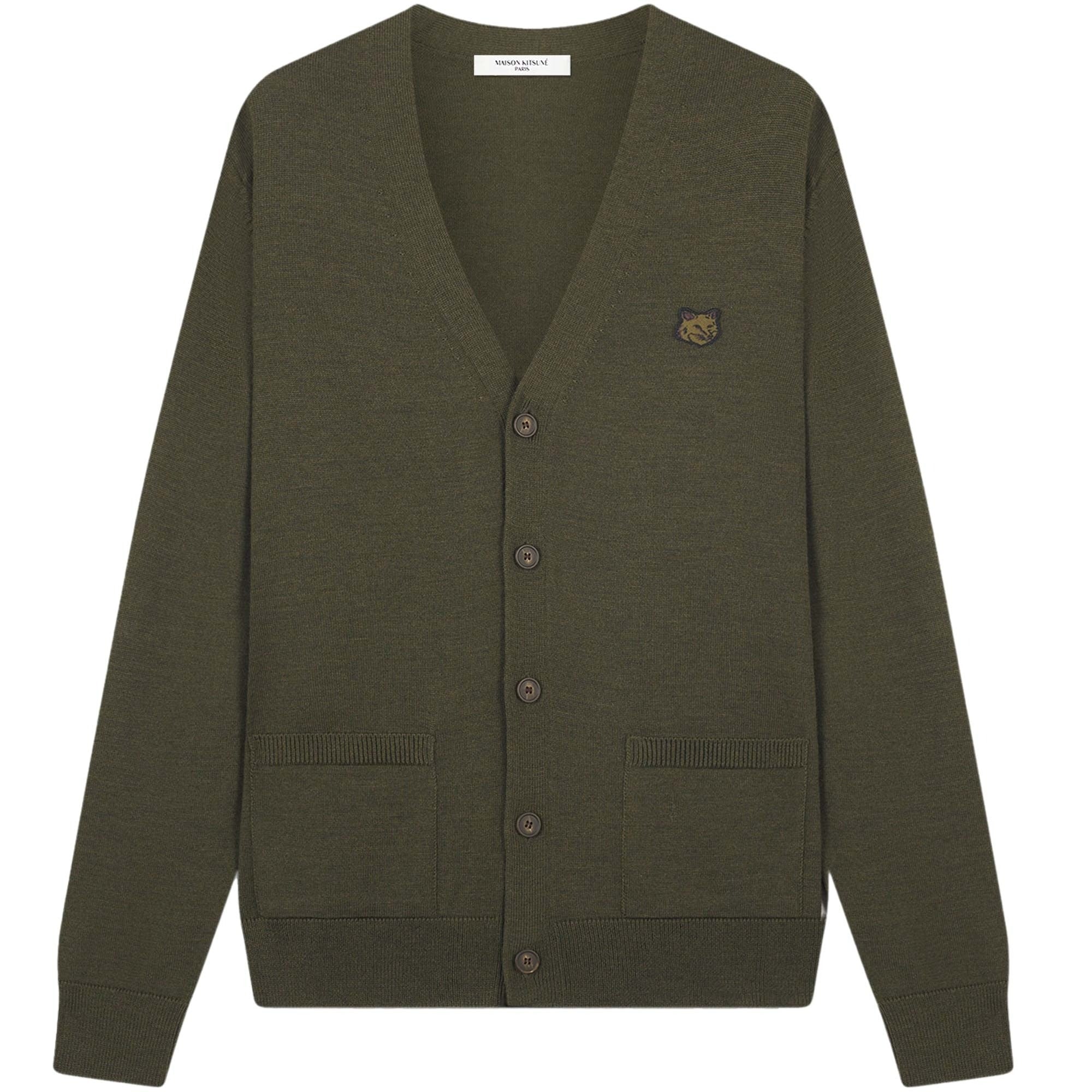 Classic Wool Cardigan With Deep V-Neckline And Embroidered Emblem