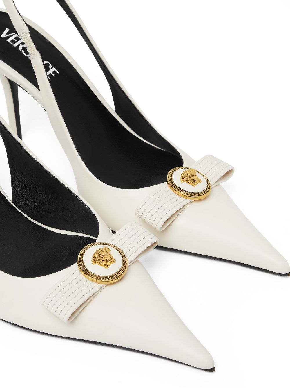 Pointed Toe Slingback Heels with Textured Bow and Gold Medallion