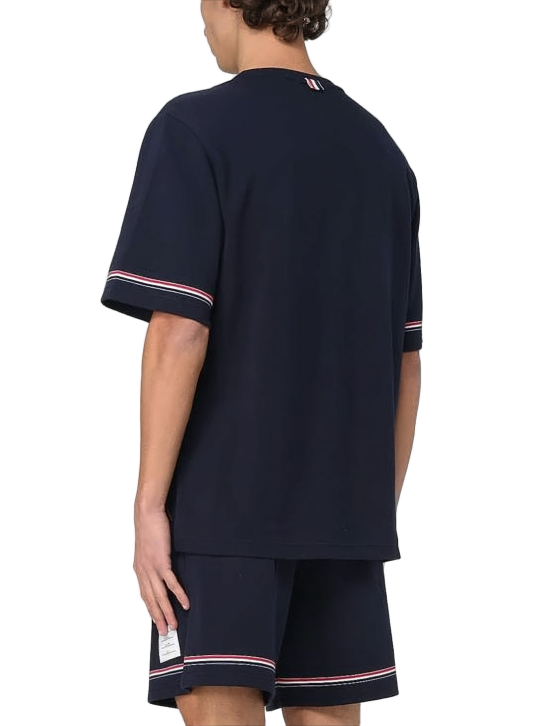 Navy Blue Cotton T-Shirt with Striped Trim