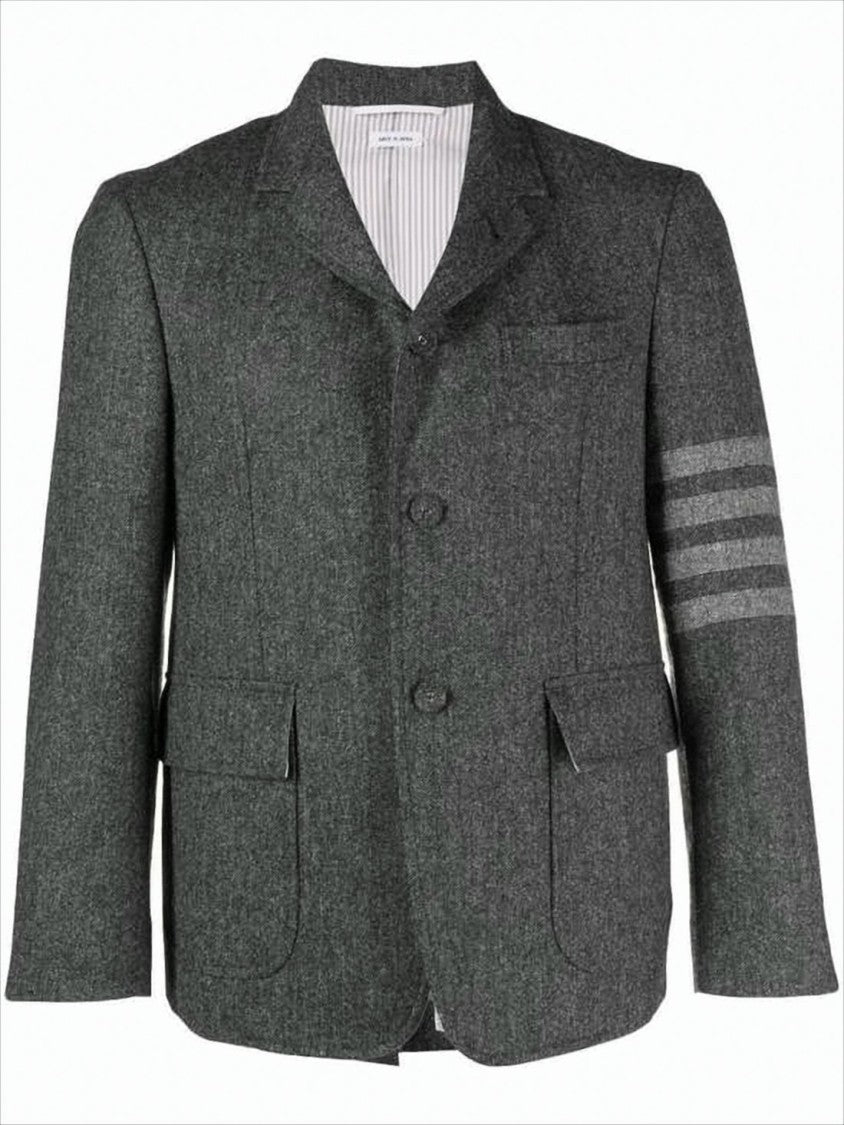 Tailored Grey Suit Jacket with Notch Lapel and Signature Stripes