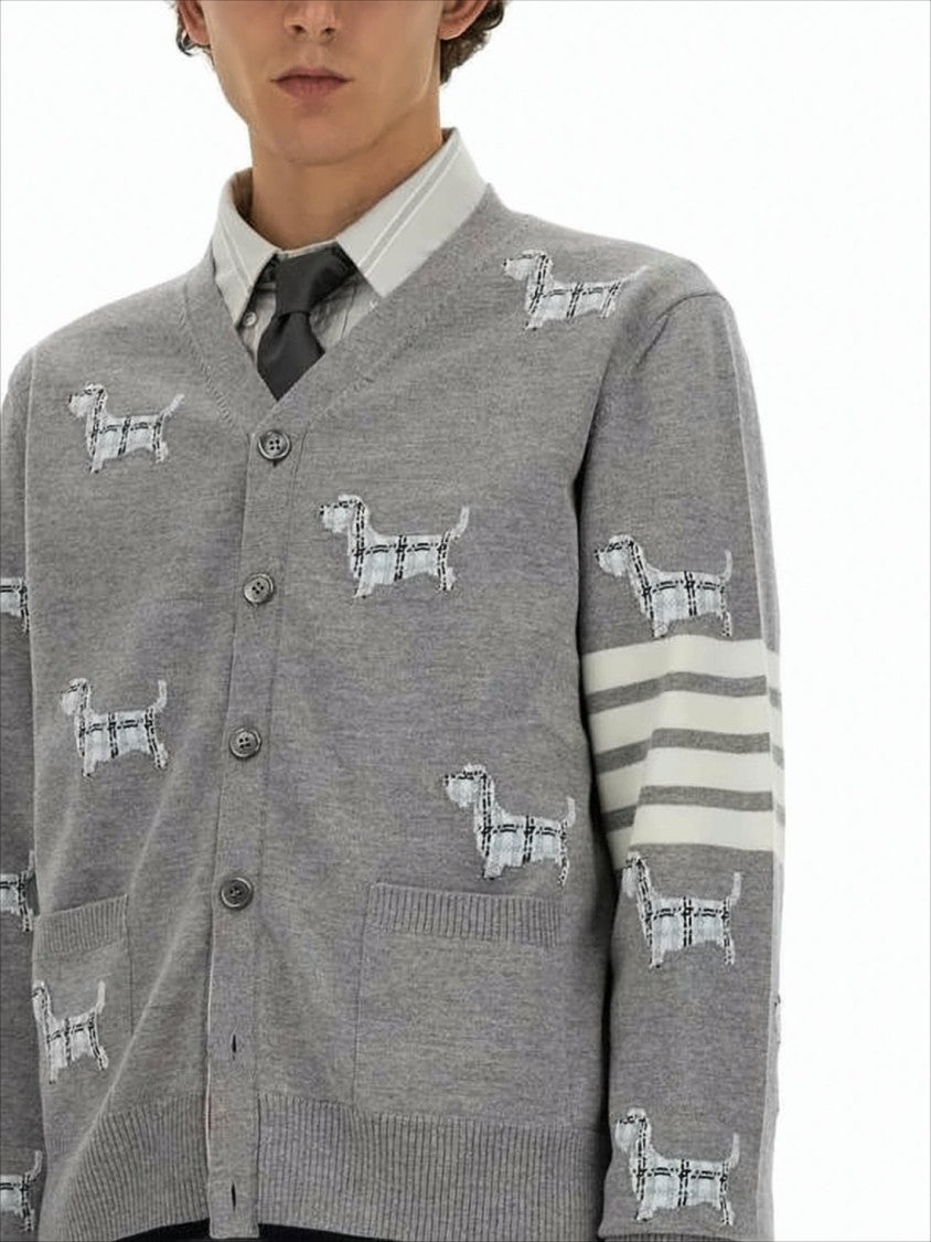Embroidered Grey Wool Blend Cardigan with Signature Stripes