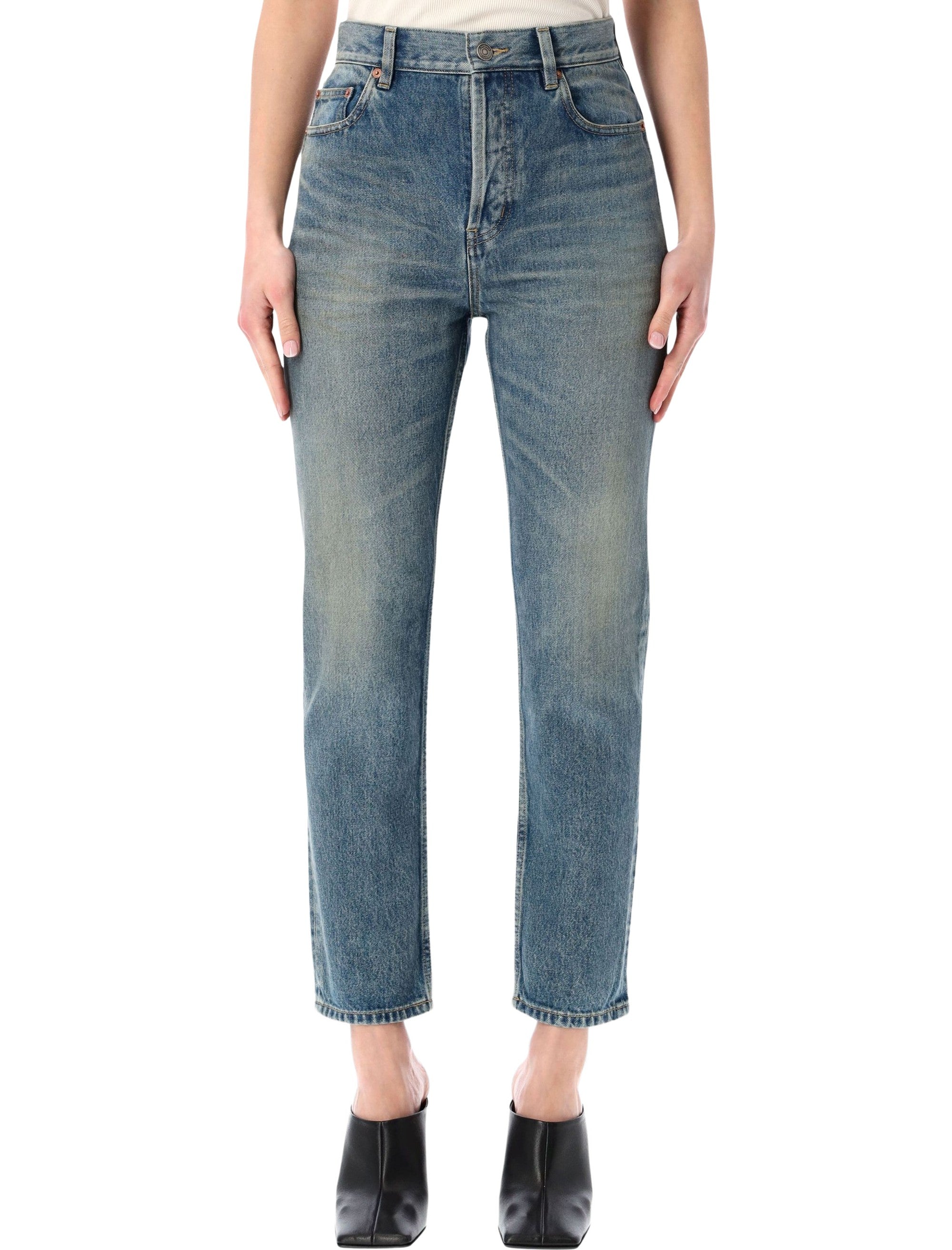 90s Blue Denim Cropped Slim-Fit Jeans