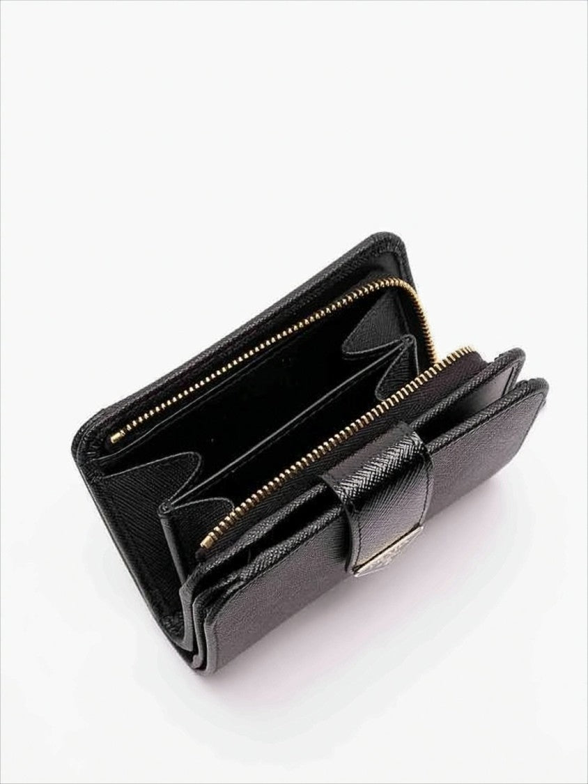 Textured Leather Bifold Wallet With Snap Closure And Metallic Accents
