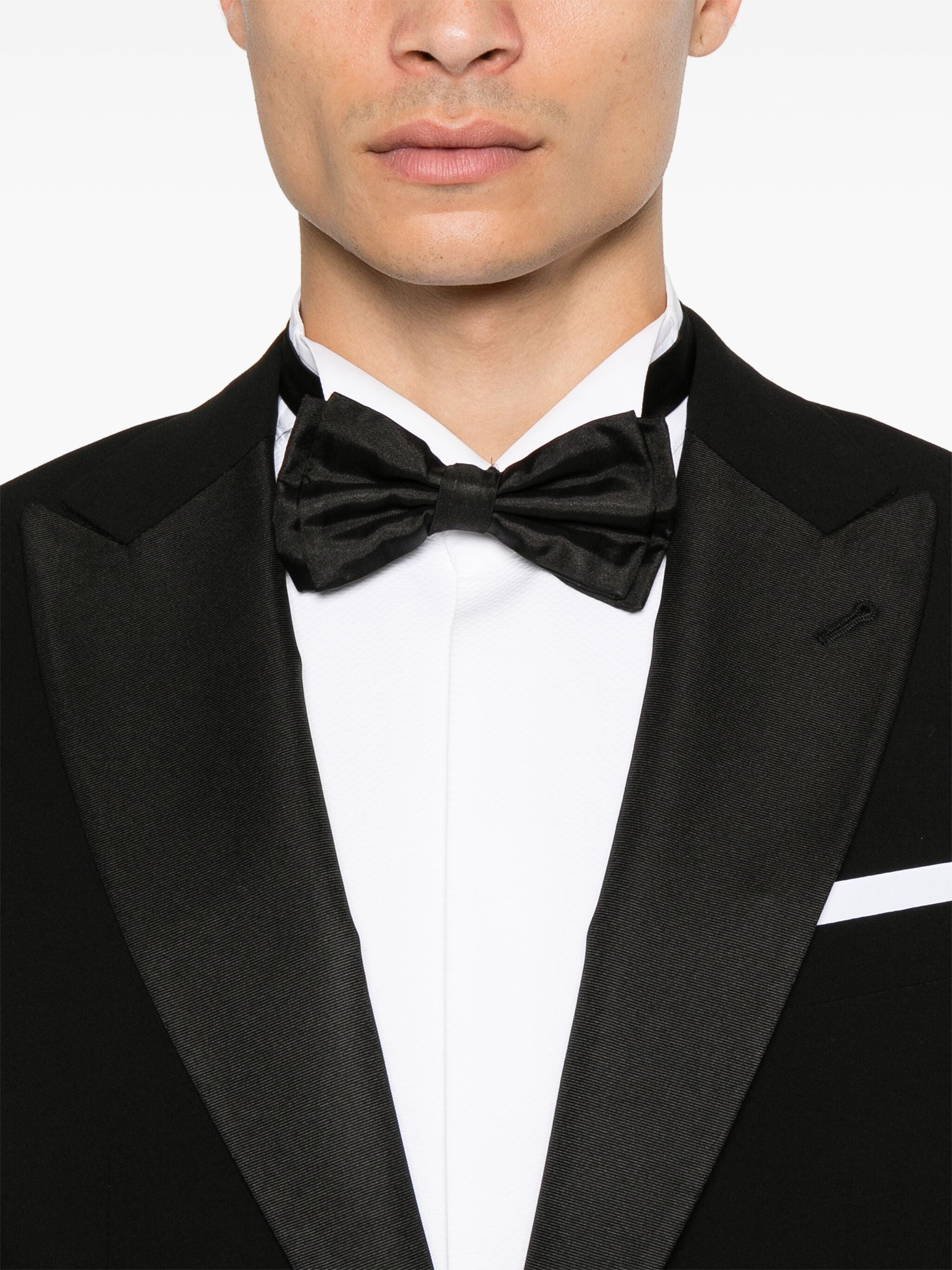 Single-Button Black Satin Peak Lapel Tuxedo