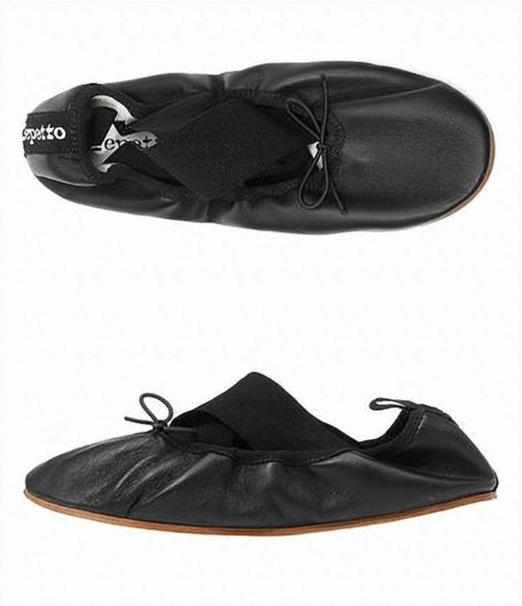 Ruched Black Leather Flats with Bow Detail