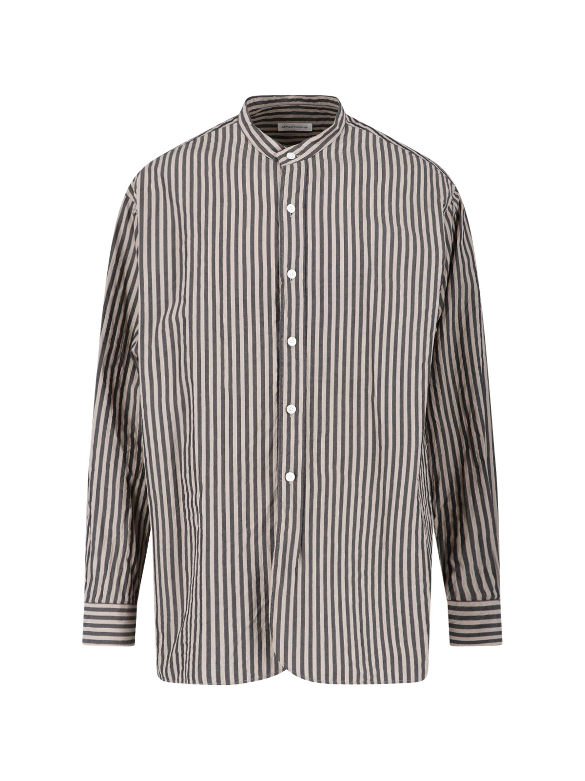 Brown Striped Cotton Band Collar Shirt