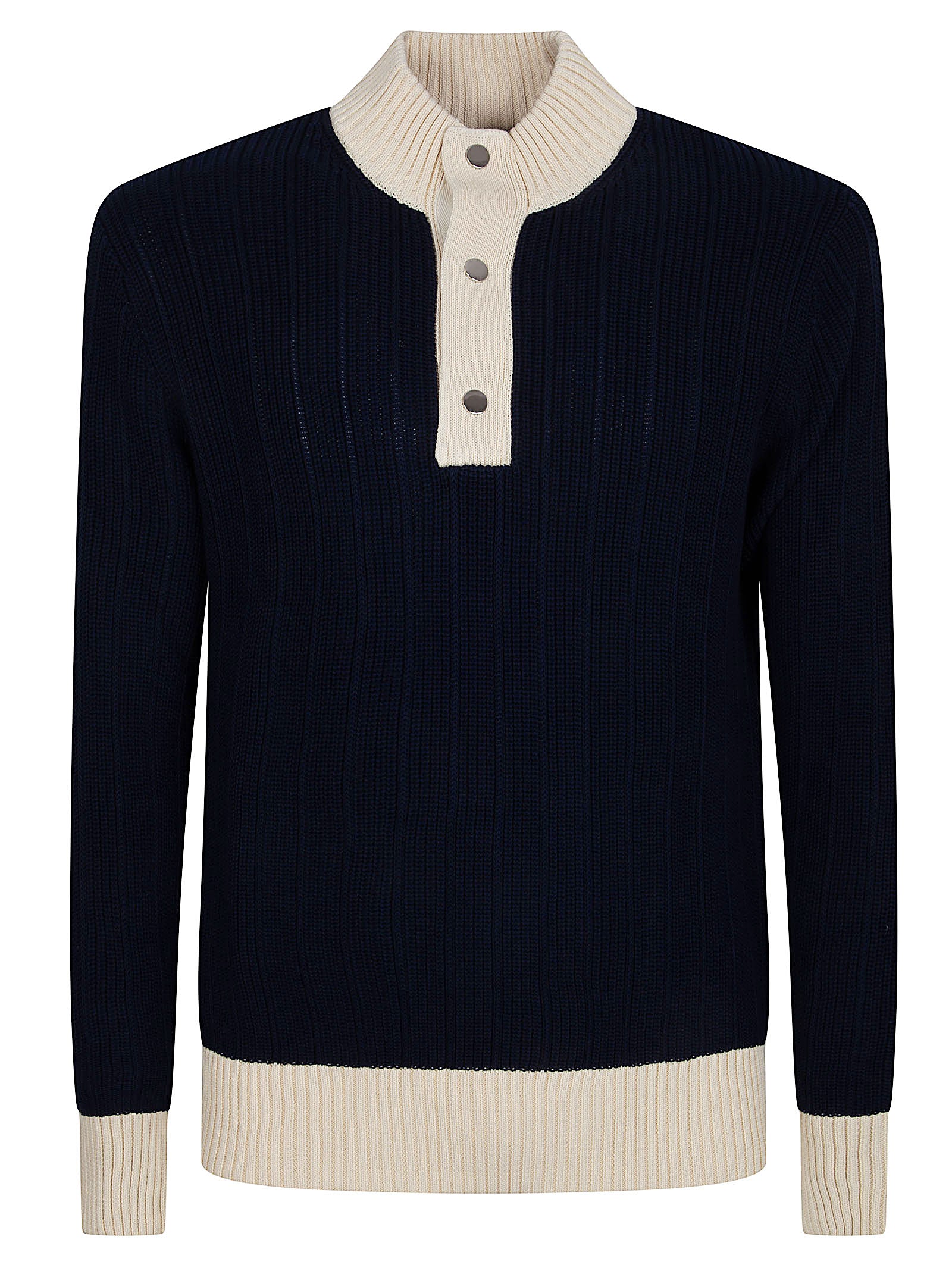 Ribbed Knit Sweater with Contrasting Details and Button Placket