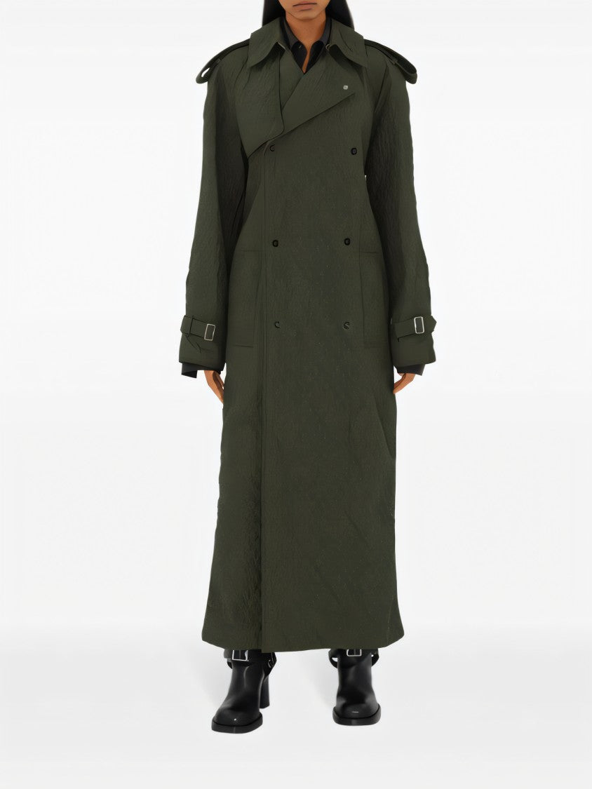 Quilted Green Long Coat with Belted Waist