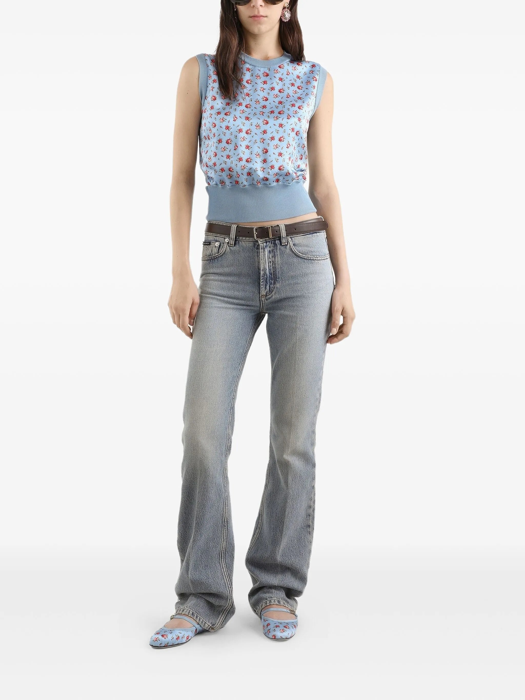 Light Blue Floral Print Silk Top