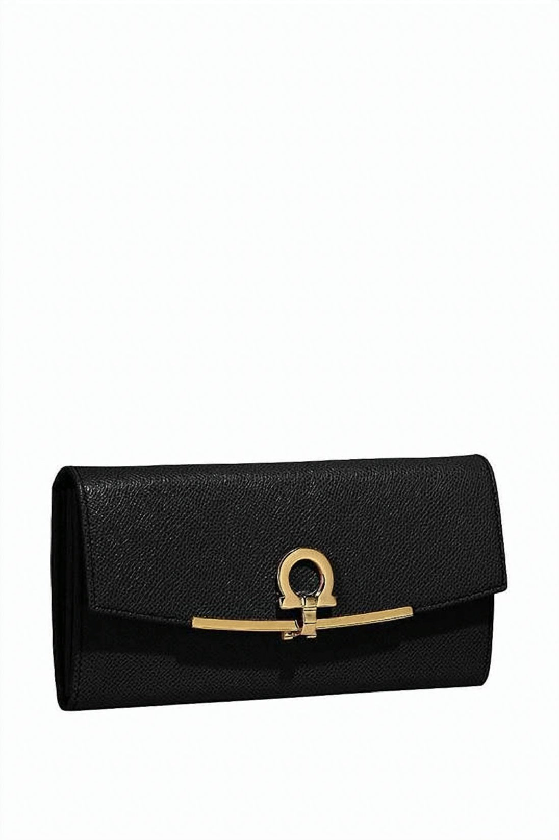 Rectangular Textured Leather Long Wallet With Gold-Tone Bar