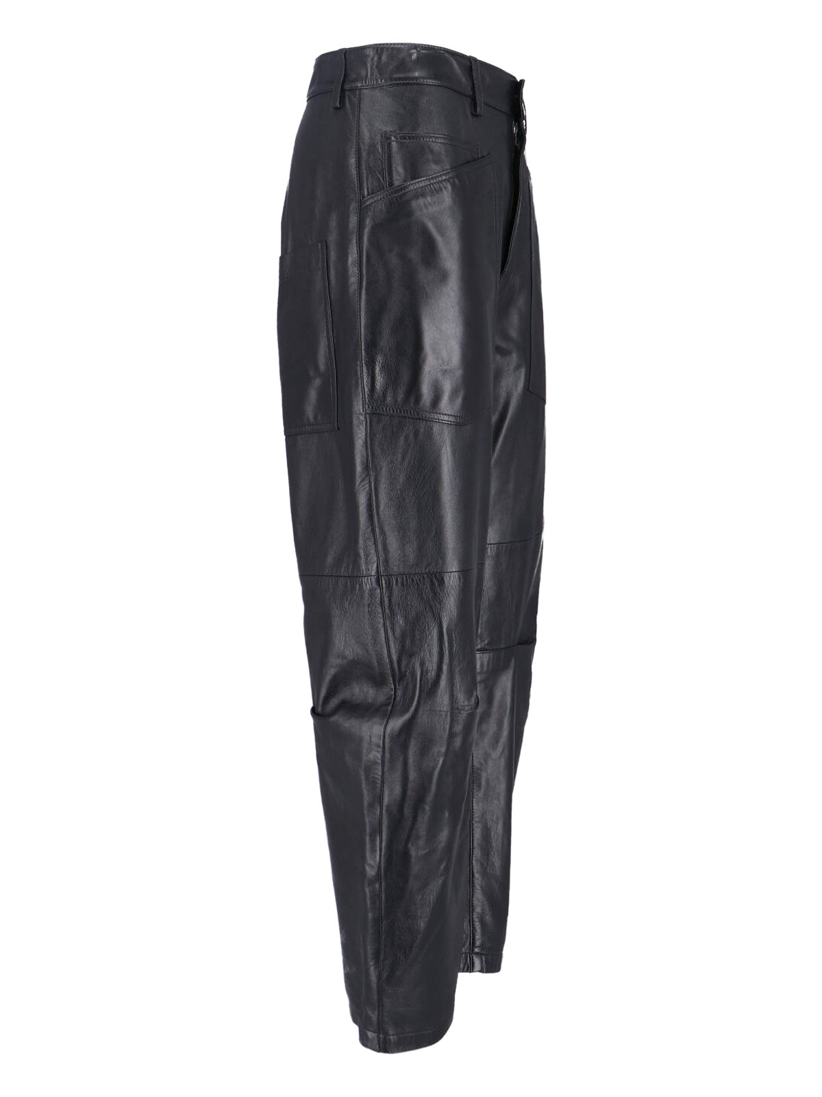 "Shon" Leather Trousers, Black, Mid-Rise, Belt Loops, Button