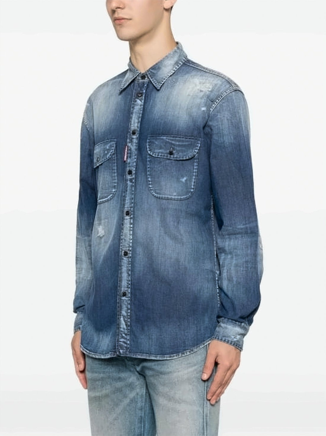 Blue Long-Sleeve Distressed Wash Denim Shirt