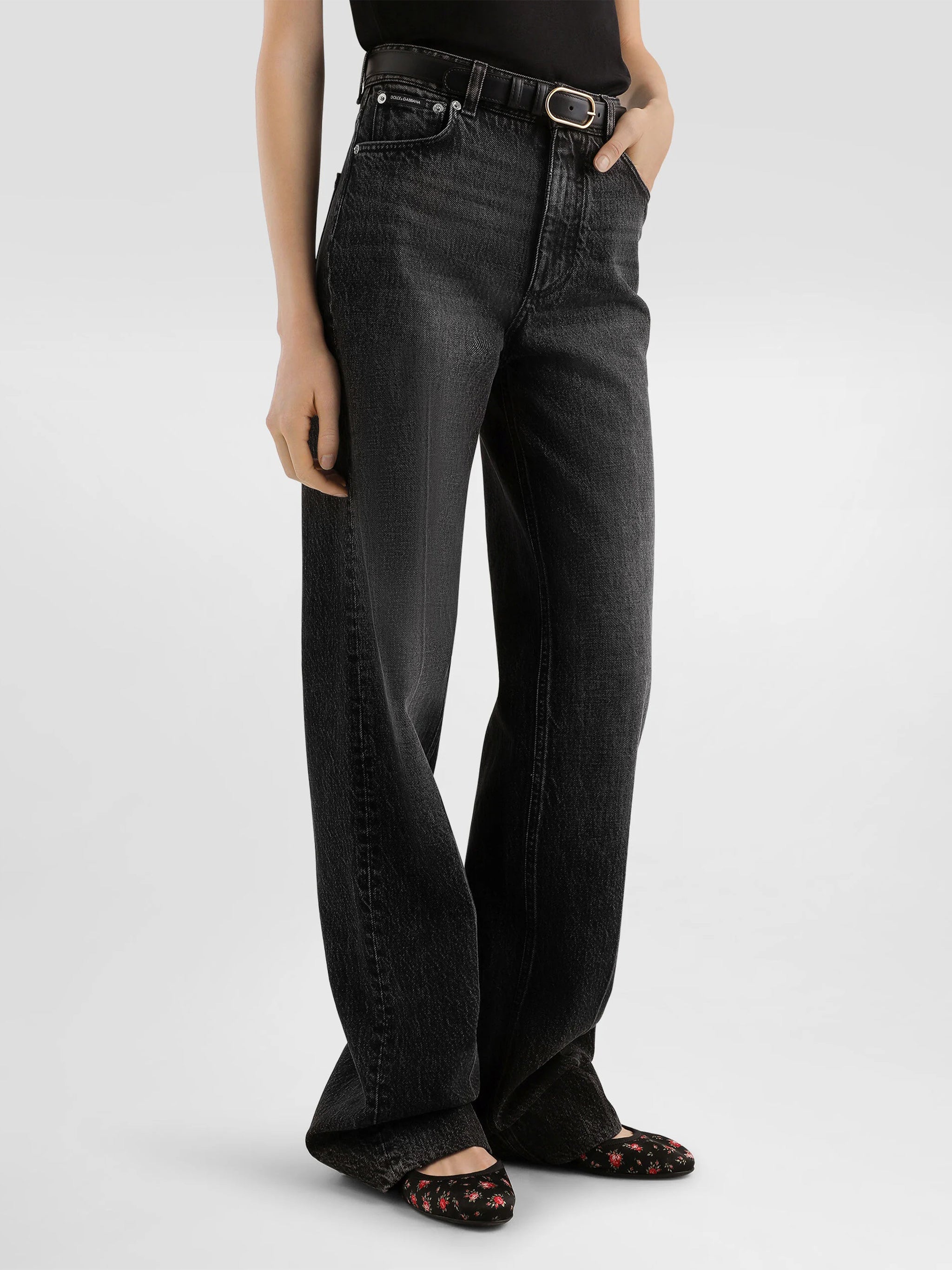 High-Waisted Wide-Leg Washed Black Jeans