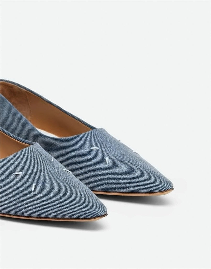 Textured Denim Pointed-Toe Pumps With Low Block Heel