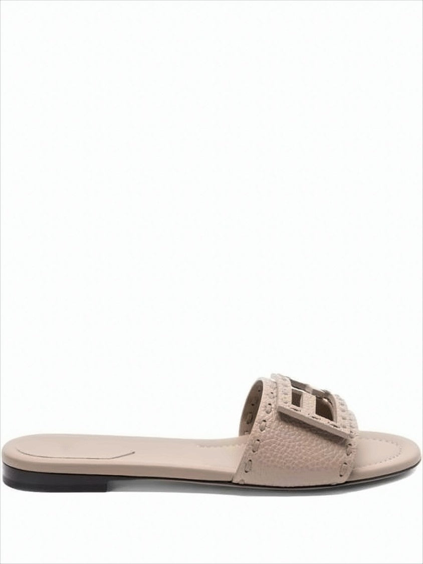 Geometric Buckle Slide Sandals In Textured Calf Leather