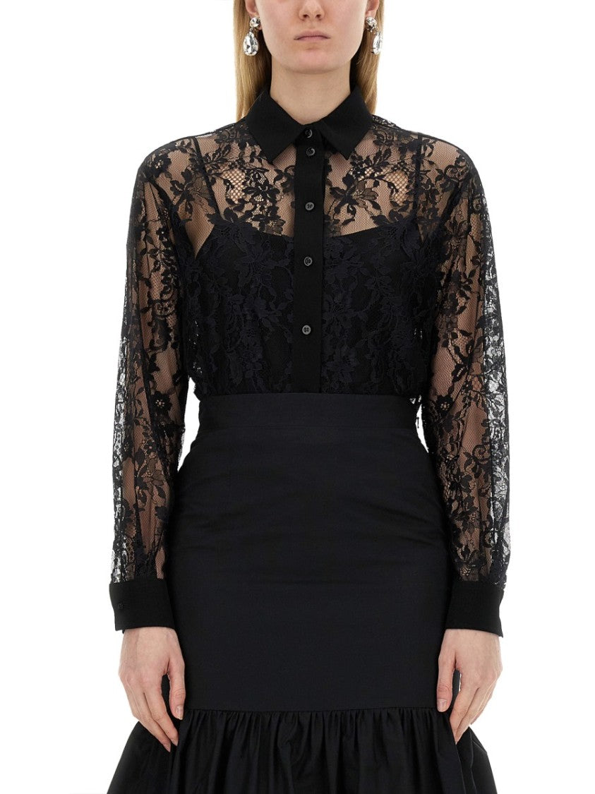 Black Lace Shirt With Intricate Floral Patterns