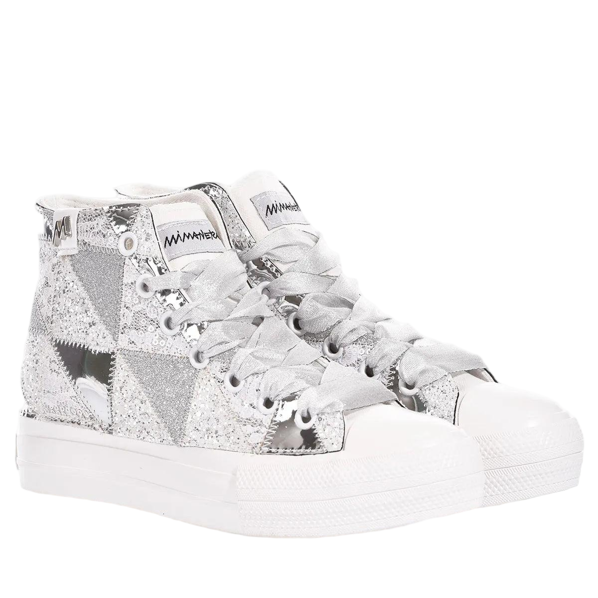 Handmade Silver Patchwork High-Top Sneakers