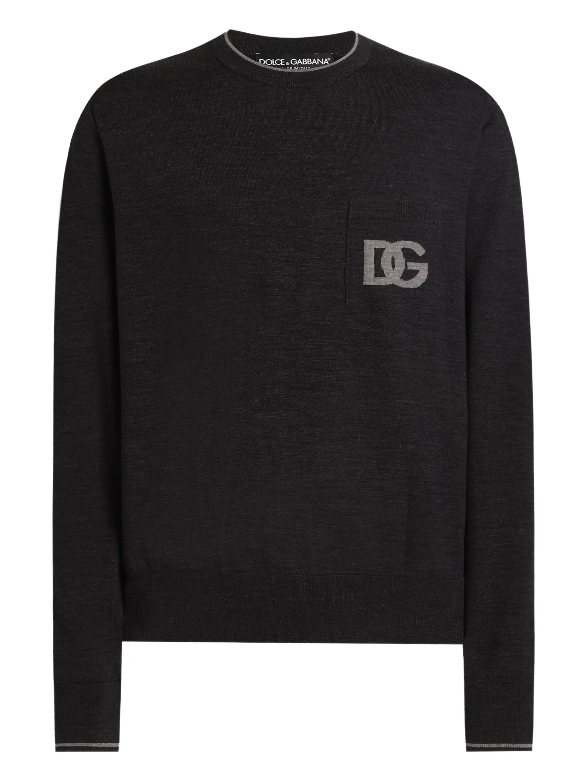 Black Fine-Knit Wool Crew Neck Sweater