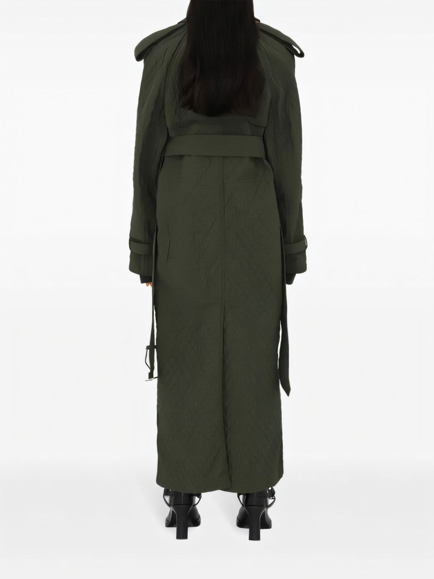 Quilted Green Long Coat with Belted Waist