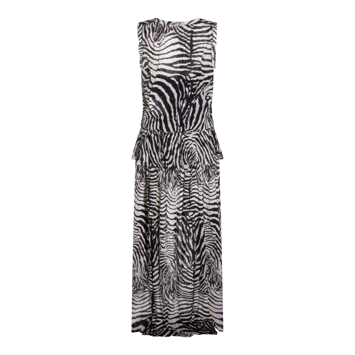 Zebra-Patterned Maxi Dress with Peplum Detail