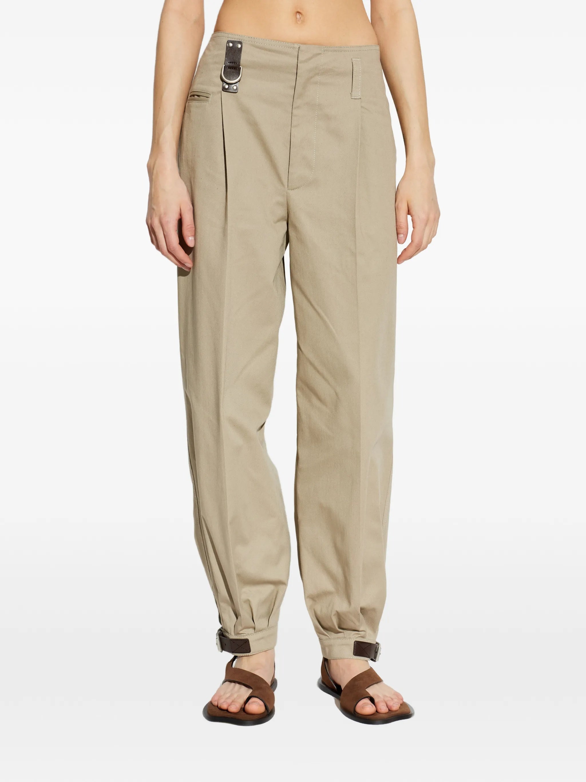 Dark Leather Strap Relaxed Tapered Cotton Pants