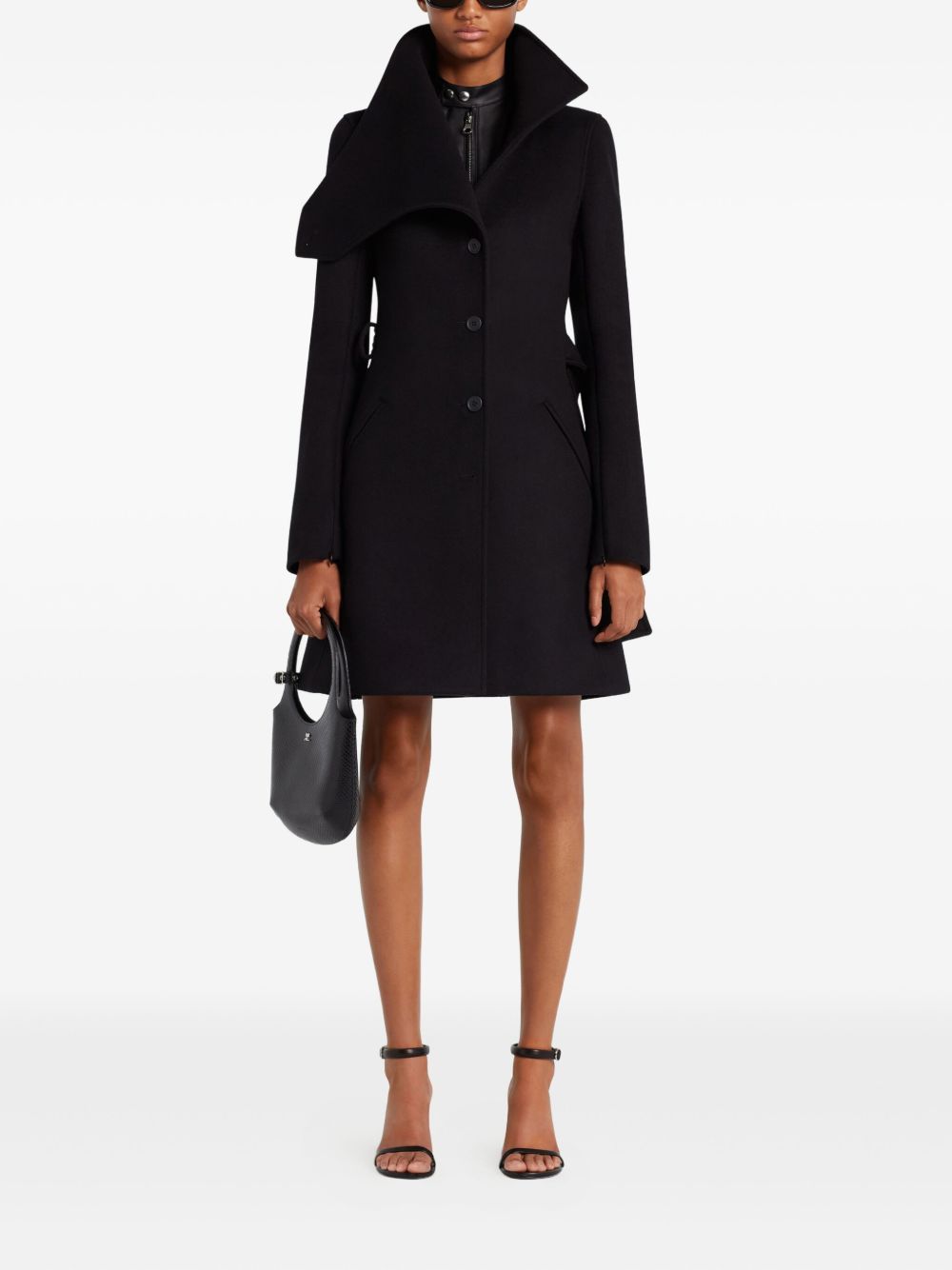 Asymmetric Collar Tailored Black Coat With Concealed Buttons