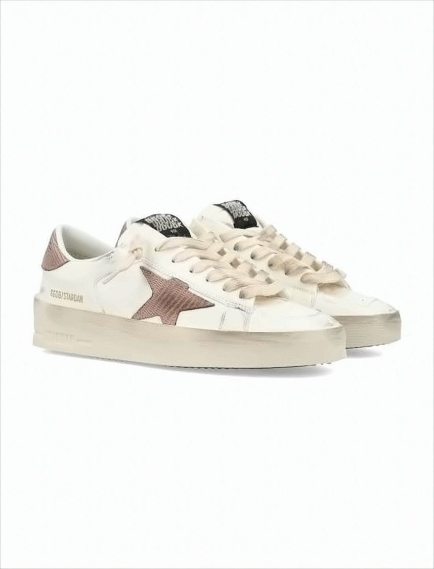 Distressed White Leather Low-Top Sneakers with Textured Star