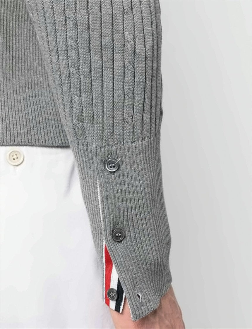 Ribbed Knit Grey Sweater with Distinctive Buttoned Cuffs