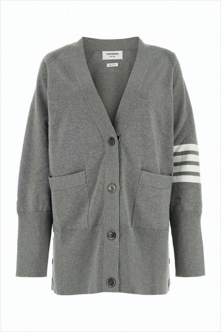 V-Neck Cardigan with Button-Down Front and Tricolor Detail
