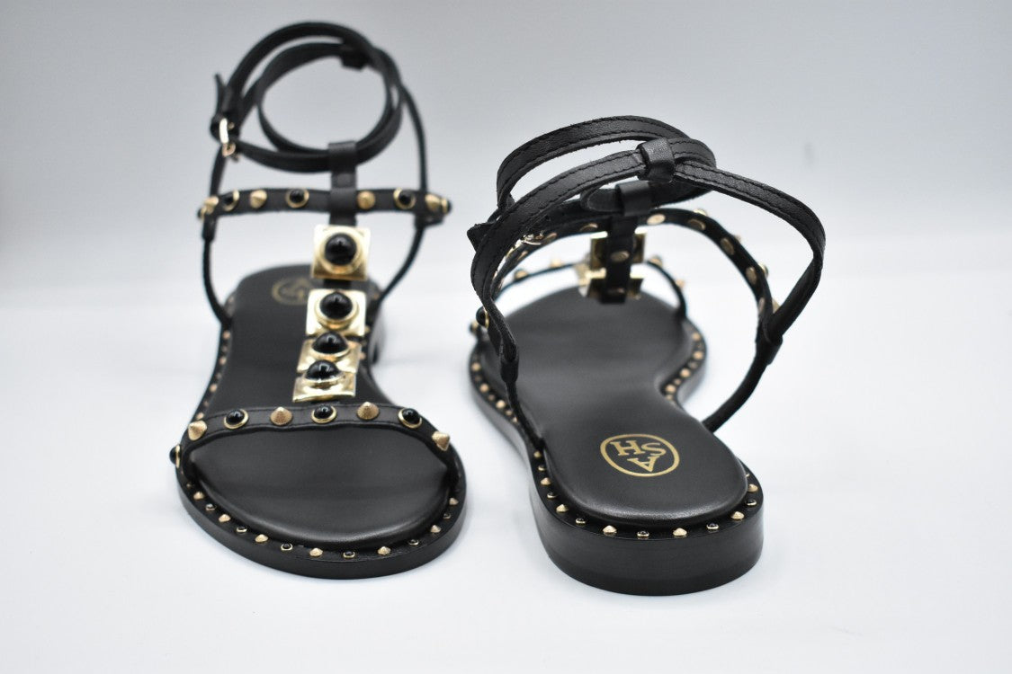 Laced Flat Sandals With Studded Detailing And Ankle Straps