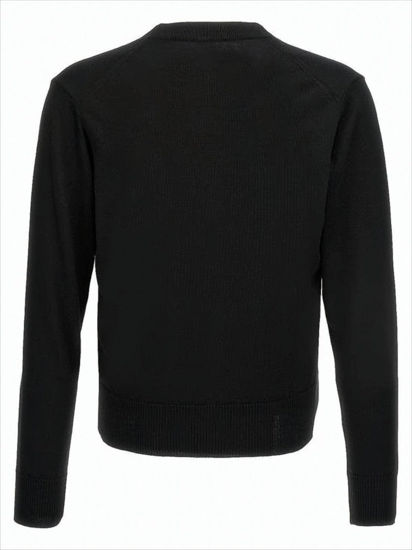 V-Neck Black Wool Cardigan With Embroidered Accent