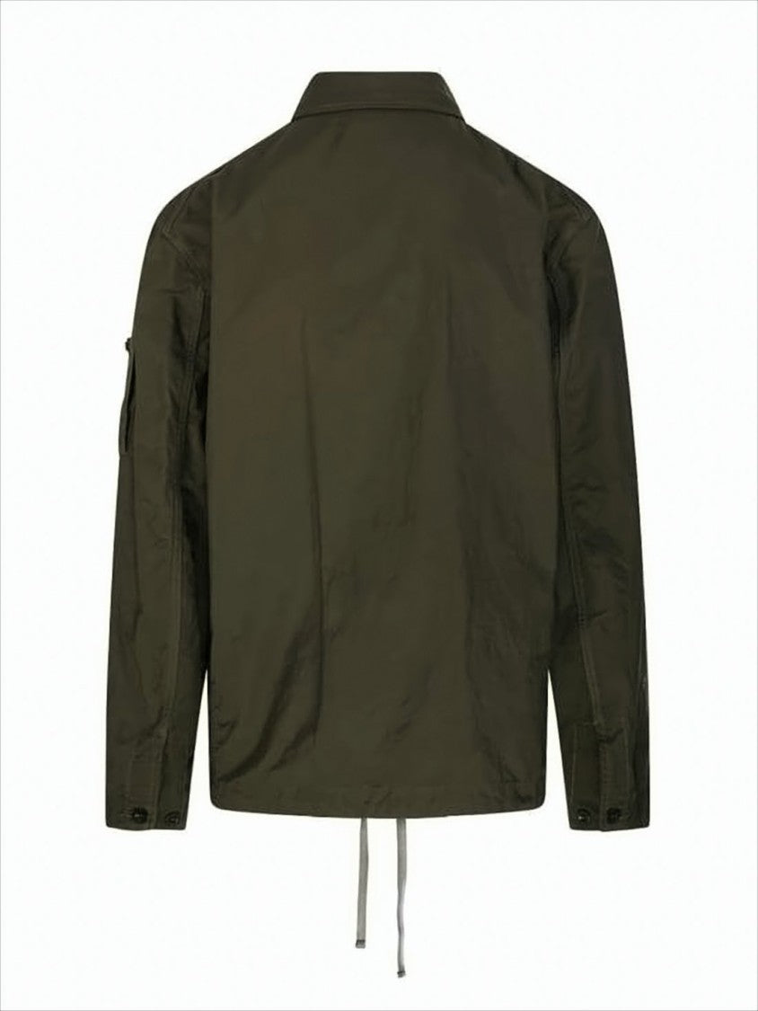 Utilitarian Green Jacket With Classic Collar And Adjustable Drawstrings