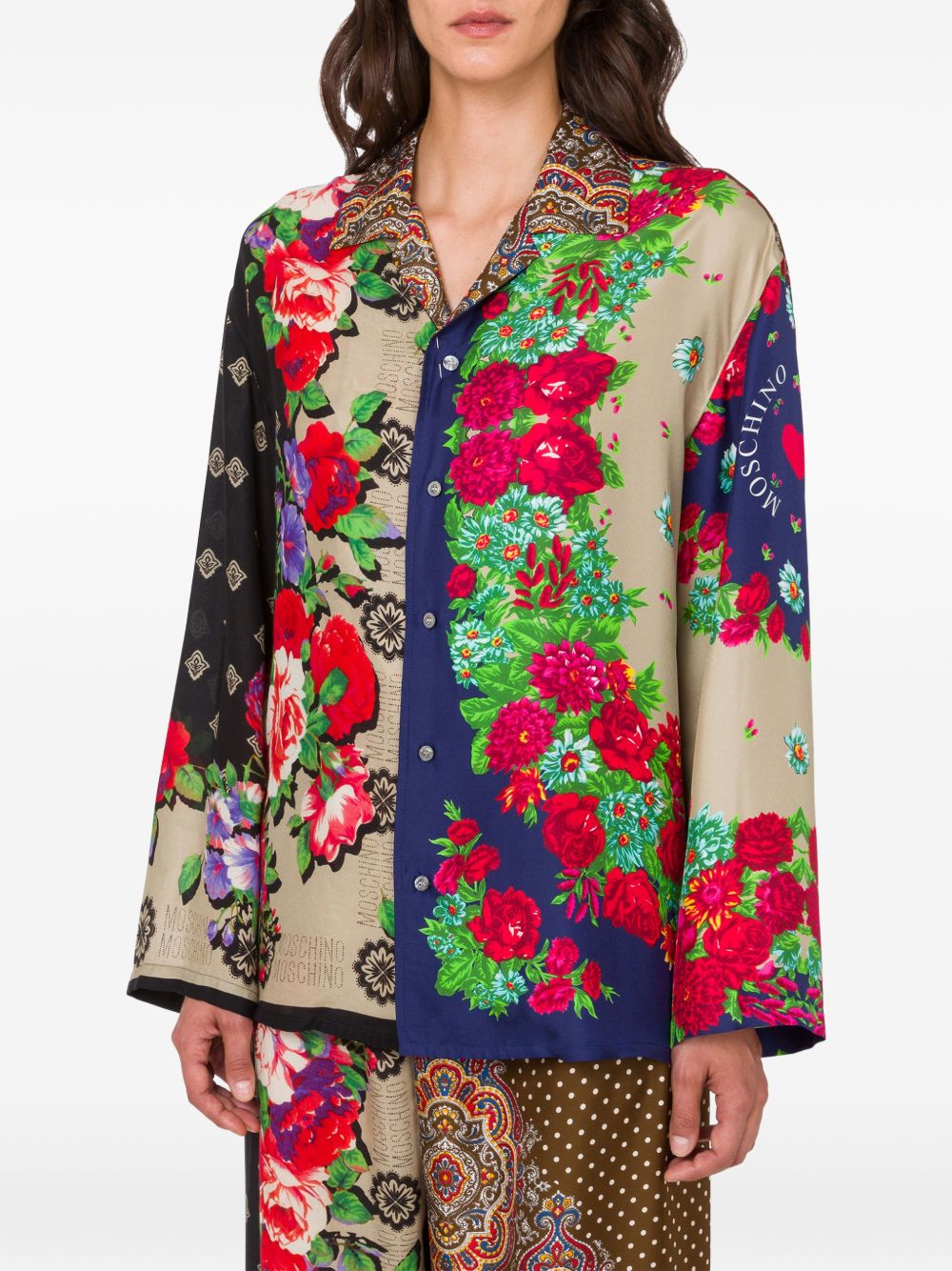 Patchwork Floral Print Long-Sleeved Top In Silk
