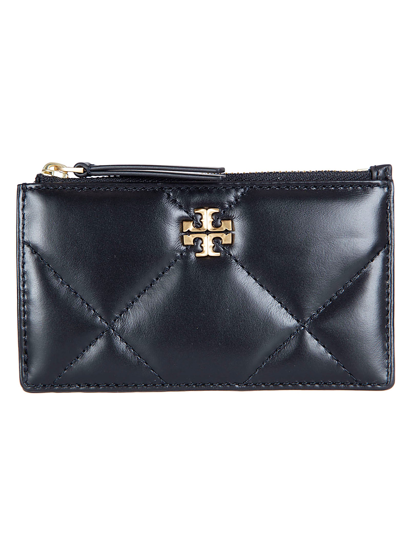 Rectangular Black Leather Wallet with Zip Closure and Double T Emblem