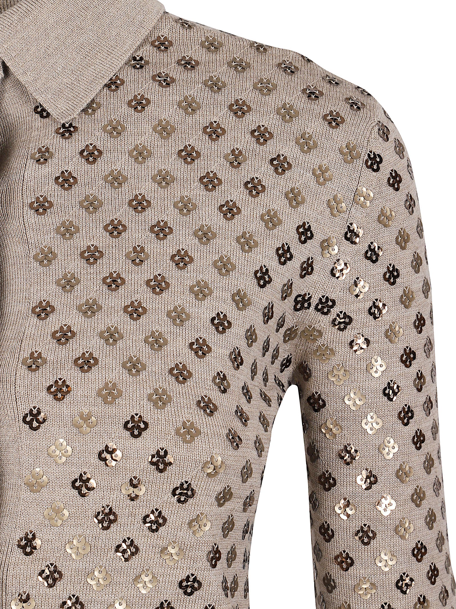 Cropped Sweater with Classic Collar and Sequined Pattern