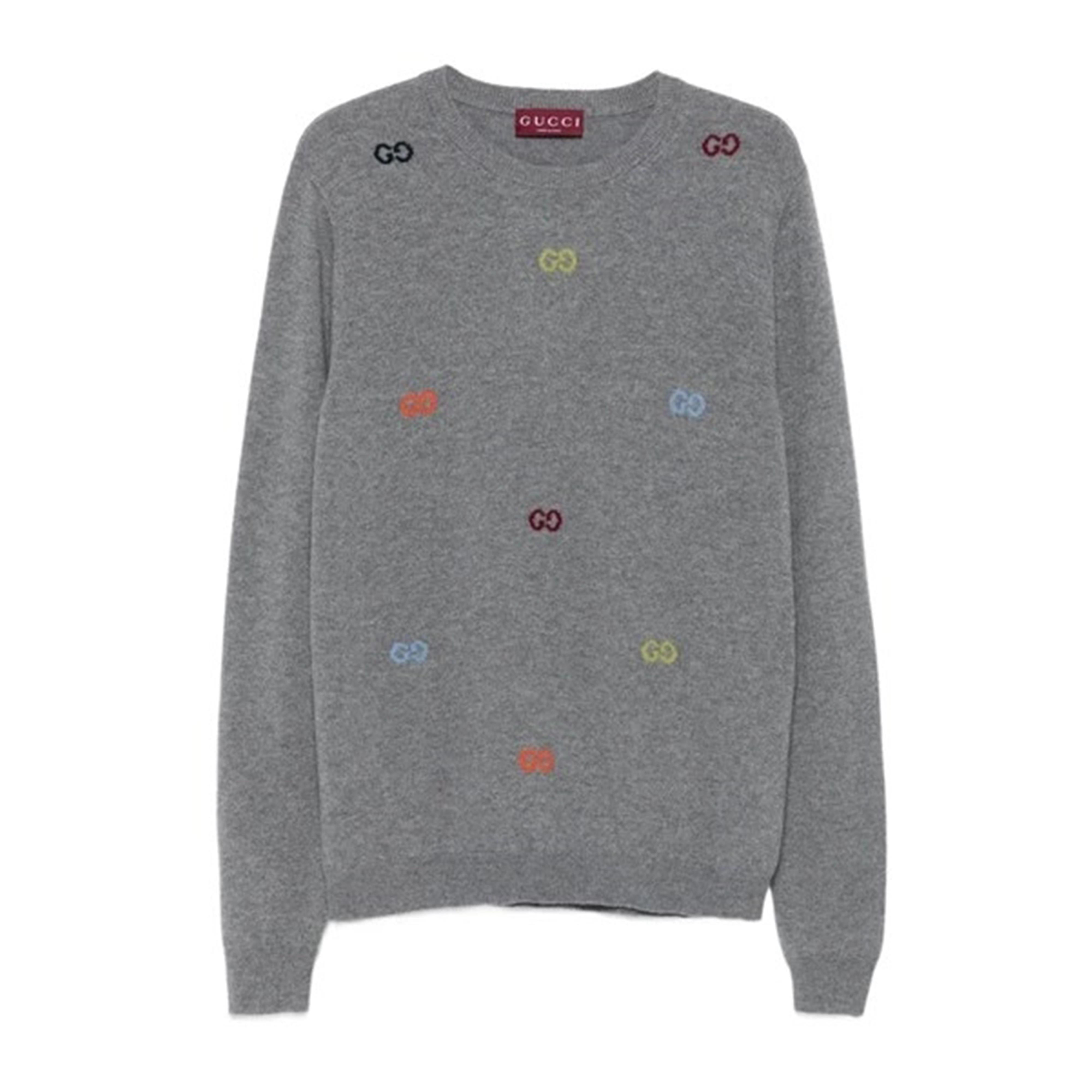 Long-Sleeve Crewneck Sweater With Multicolored Embroidered Motifs