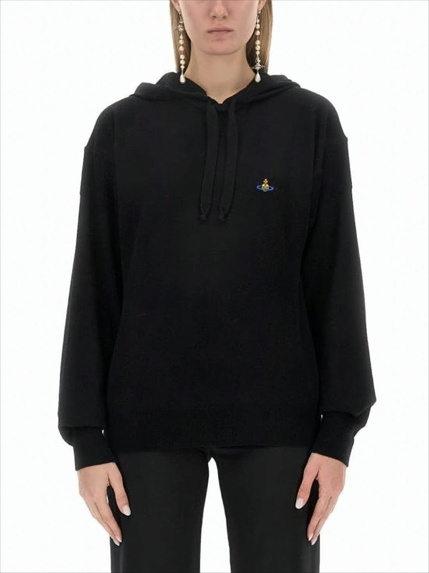 Relaxed-Fit Black Wool Hoodie with Drawstring Hood