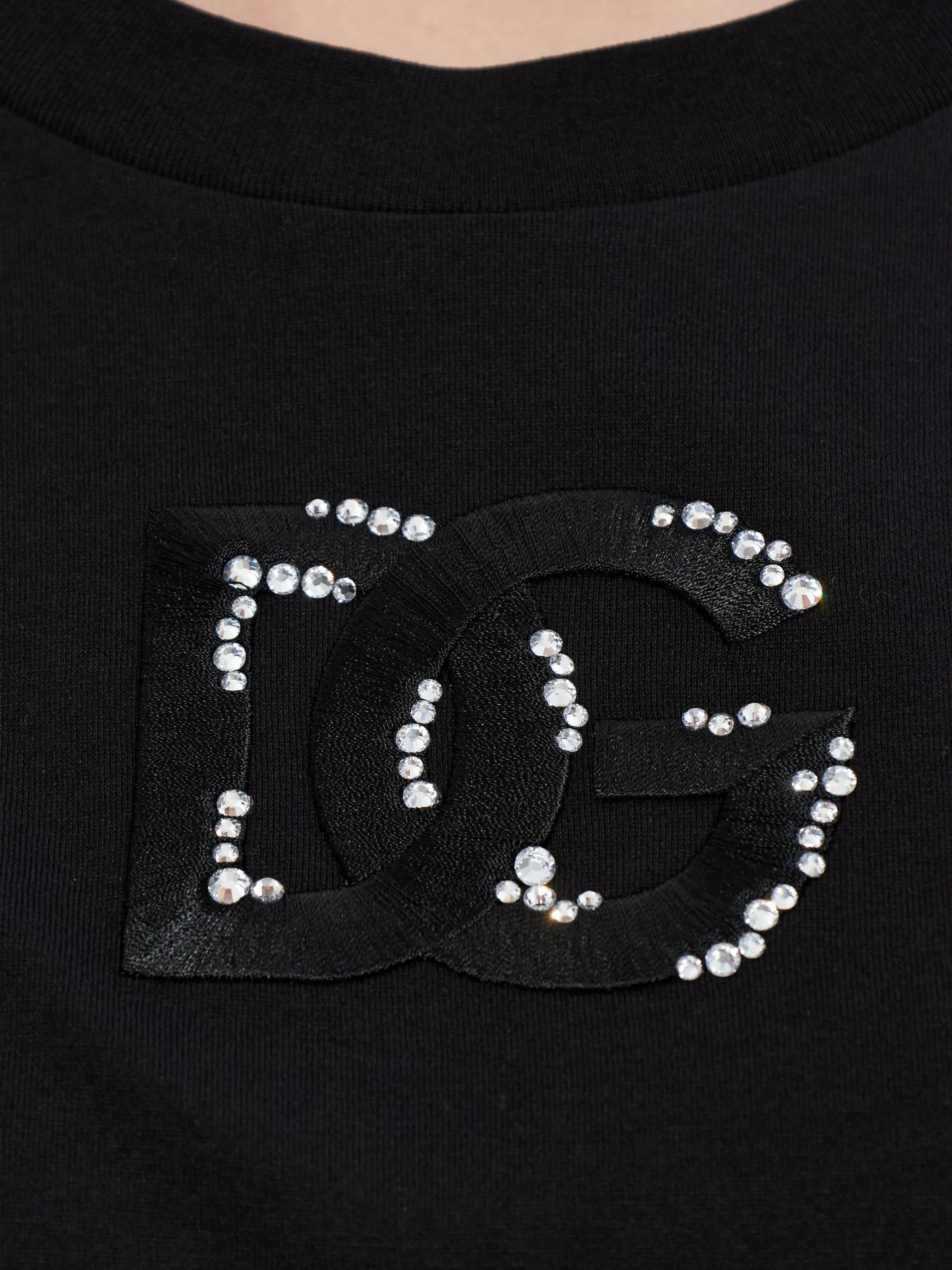 Black Cotton Rhinestone Embellished Logo T-Shirt